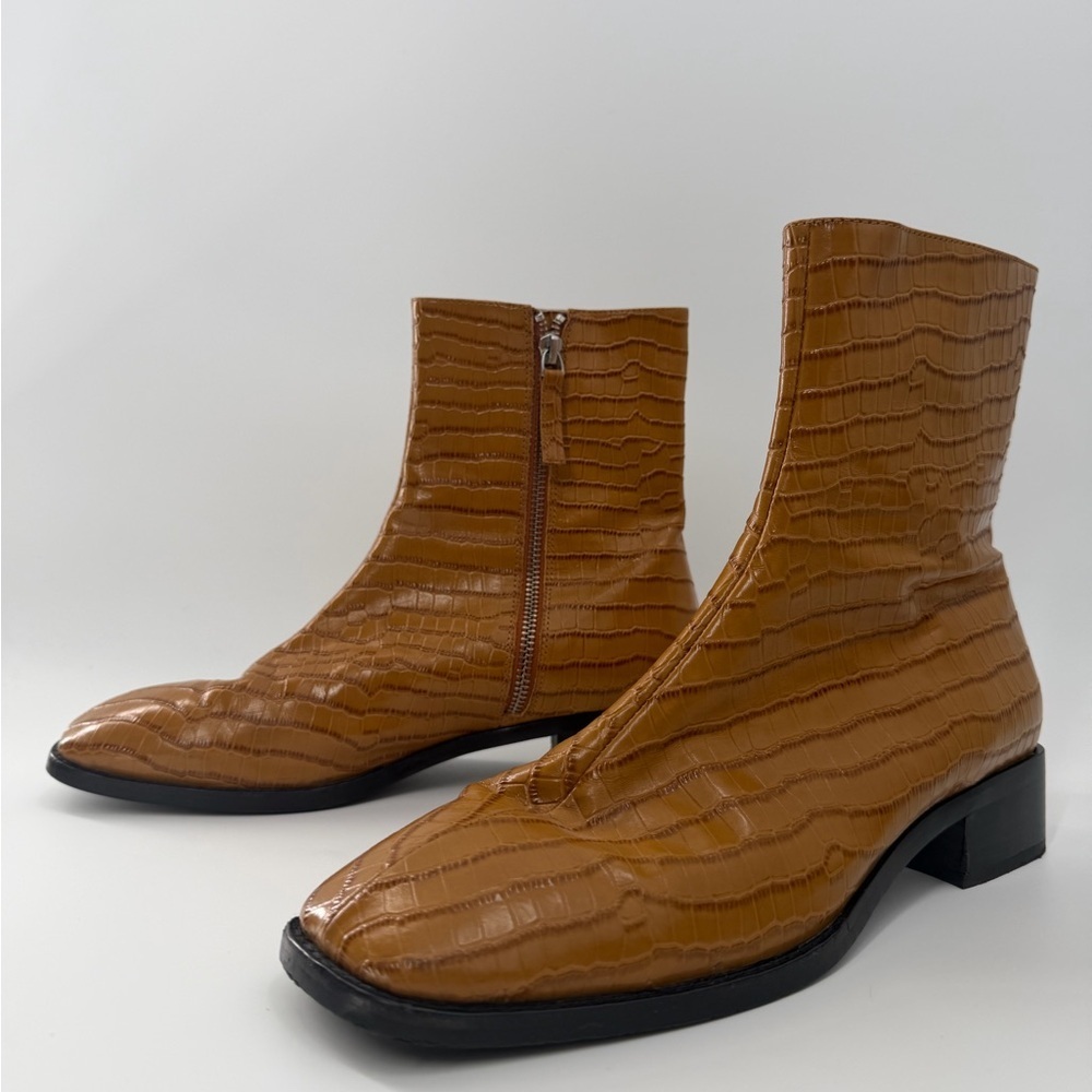 Intentionally Blank Leather Tour Croc Square Toe Boots In Tan